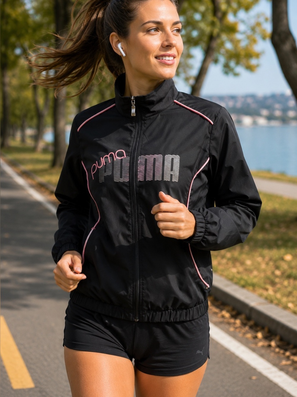 PUMA Black Pink Full Zip Track Jacket Athletic Running Windbreaker Medium
